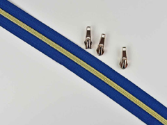 1 m Reiverschluss metallisiert GOLD 6,5 mm Spirale + 3 Schieber, marine blau