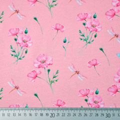 Jerseystoff Blumen Libellen Digitaldruck, pink rosa