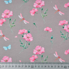 Jerseystoff Blumen Libellen Digitaldruck, pink taupe