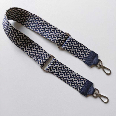 Taschengurt Taschenriemen Webmuster Weave - hellbeige dunkelblau -dunkelblaues Leder- silber Schnallen