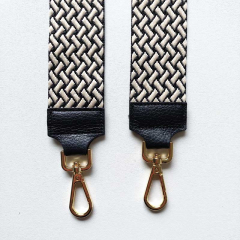 Taschengurt Taschenriemen Webmuster Weave - hellbeige schwarz -schwarzes Leder- gold Schnallen