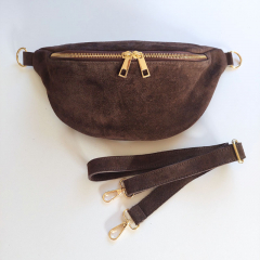 Bauchtasche Wildleder mit Wildlederriemen -dunkelbraun - gold Schnallen-Made in Italy