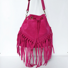 Wildledertasche Beuteltasche Fransen, pink goldene Schnallen