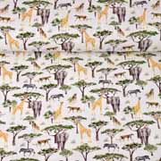 Jerseystoff Elefanten Giraffen Bume Digitaldruck, grau ocker wollwei