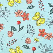 Jerseystoff Schmetterlinge Blumen Kirschen,gelb hellmint