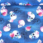 Jerseystoff Totenkpfe Blumen Jeanslook Digitaldruck,jeansblau